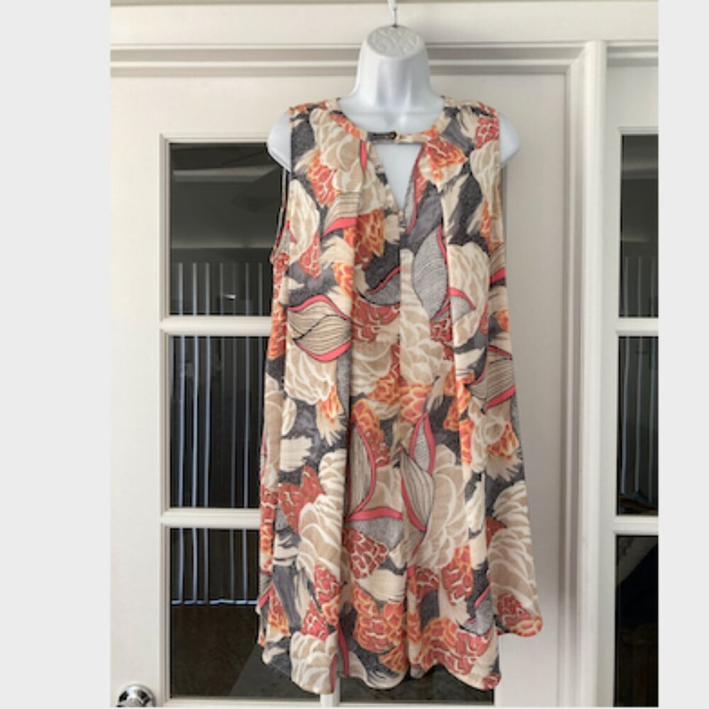 UMGEE Coral Cream BlackTropical Floral Sleeveless Keyhole Swing Dress M